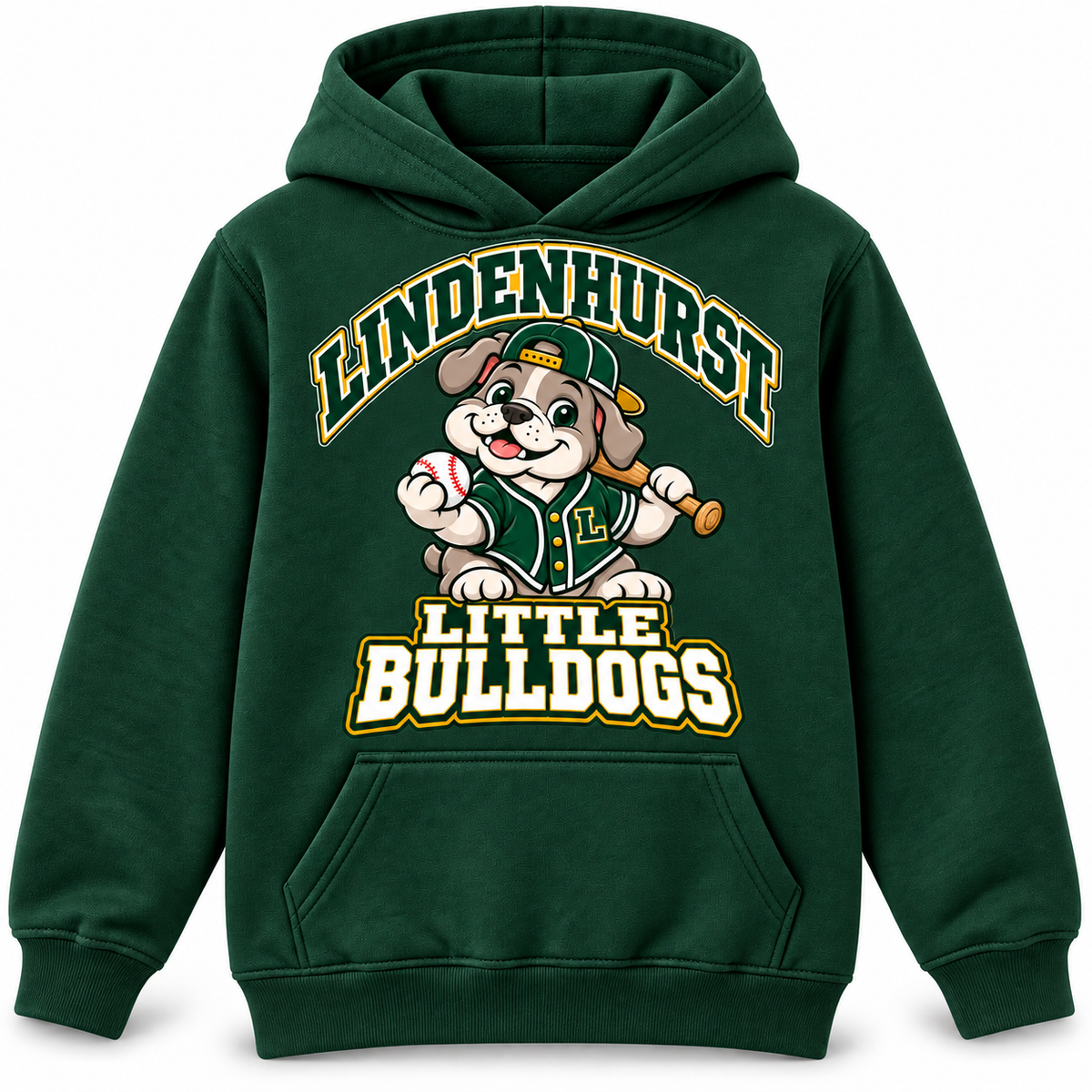 Lindenhurst Little Bulldogs Diamond Pup youth Pullover Hoodie in Forest Green, front view