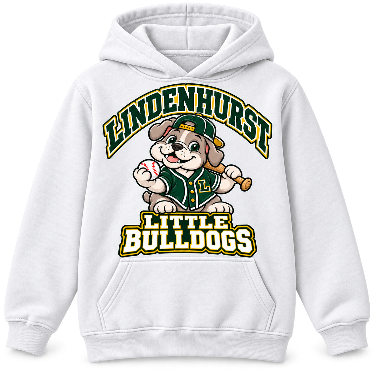 Lindenhurst Little Bulldogs Diamond Pup youth Pullover Hoodie in White, front view