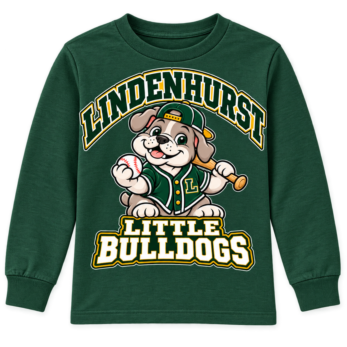 Lindenhurst Little Bulldogs Diamond Pup youth Long Sleeve Tee in Forest Green, front view