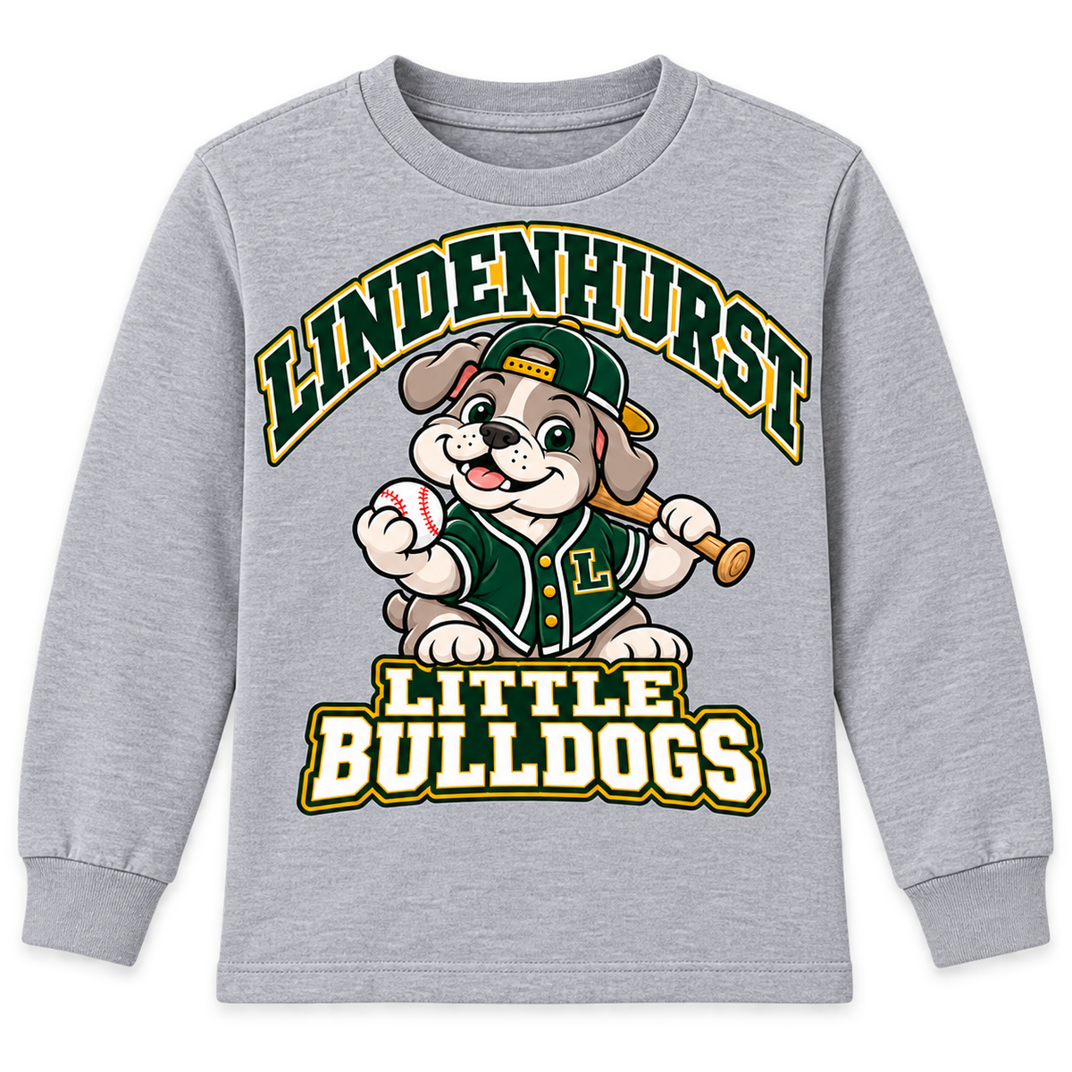 Lindenhurst Little Bulldogs Diamond Pup youth Long Sleeve Tee in Heather Gray, front view