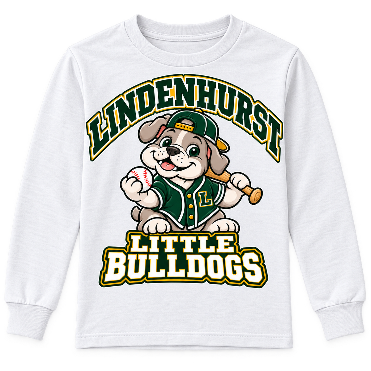 Lindenhurst Little Bulldogs Diamond Pup youth Long Sleeve Tee in White, front view