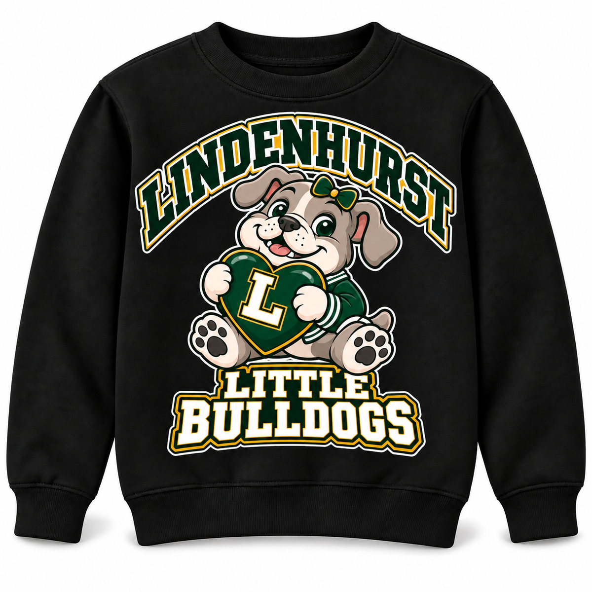 Lindenhurst Little Bulldogs Lindy Love youth Crewneck Sweatshirt in Black, front view