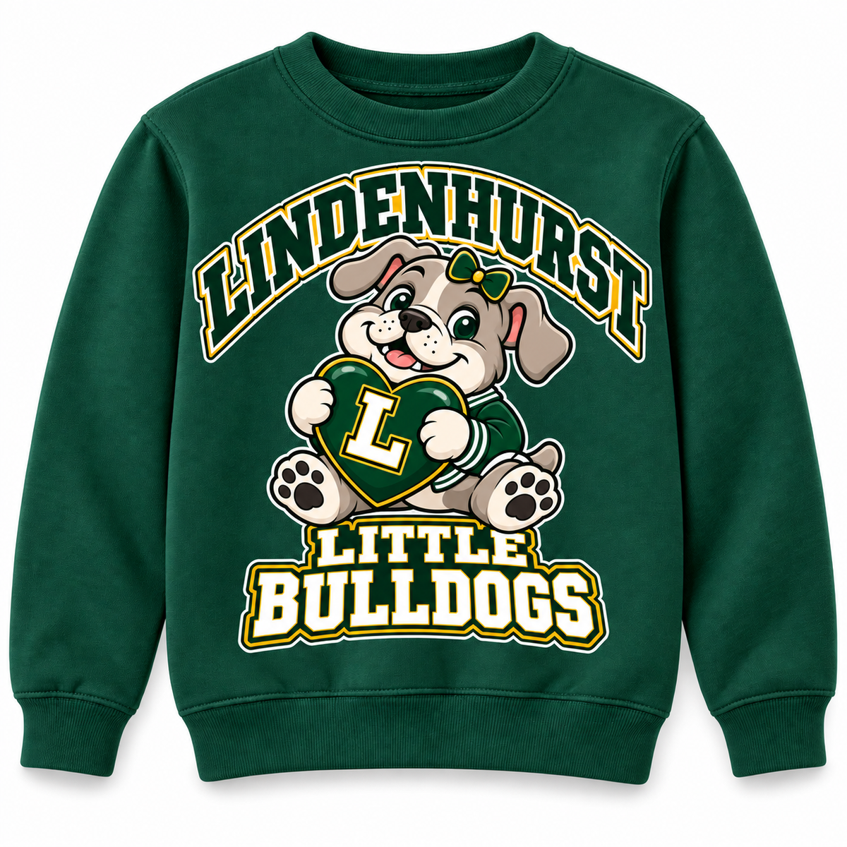 Lindenhurst Little Bulldogs Lindy Love youth Crewneck Sweatshirt in Forest Green, front view