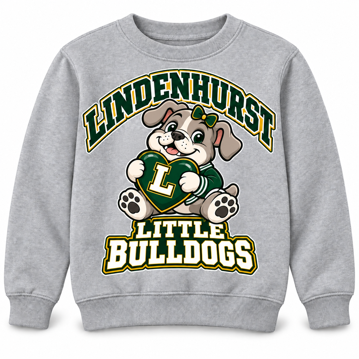 Lindenhurst Little Bulldogs Lindy Love youth Crewneck Sweatshirt in Heather Gray, front view