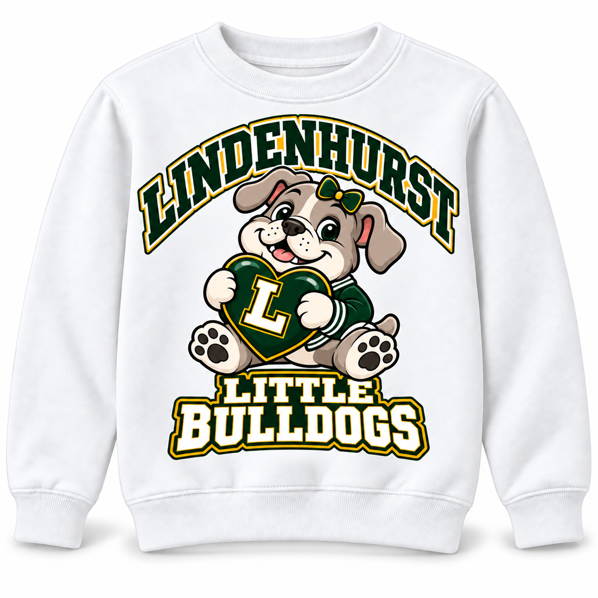 Lindenhurst Little Bulldogs Lindy Love youth Crewneck Sweatshirt in White, front view