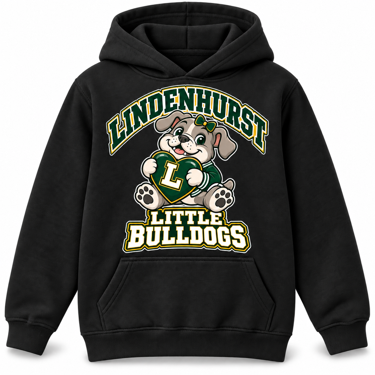 Lindenhurst Little Bulldogs Lindy Love youth Pullover Hoodie in Black, front view
