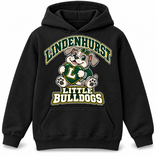 Lindenhurst Little Bulldogs Lindy Love youth Pullover Hoodie in Black, front view