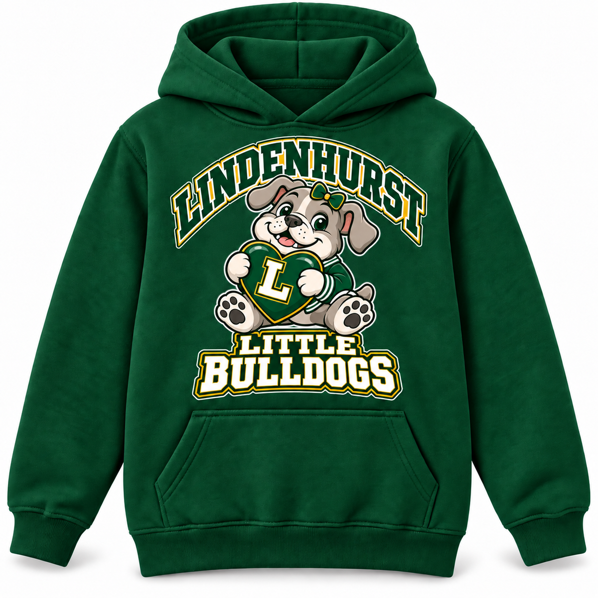 Lindenhurst Little Bulldogs Lindy Love youth Pullover Hoodie in Forest Green, front view