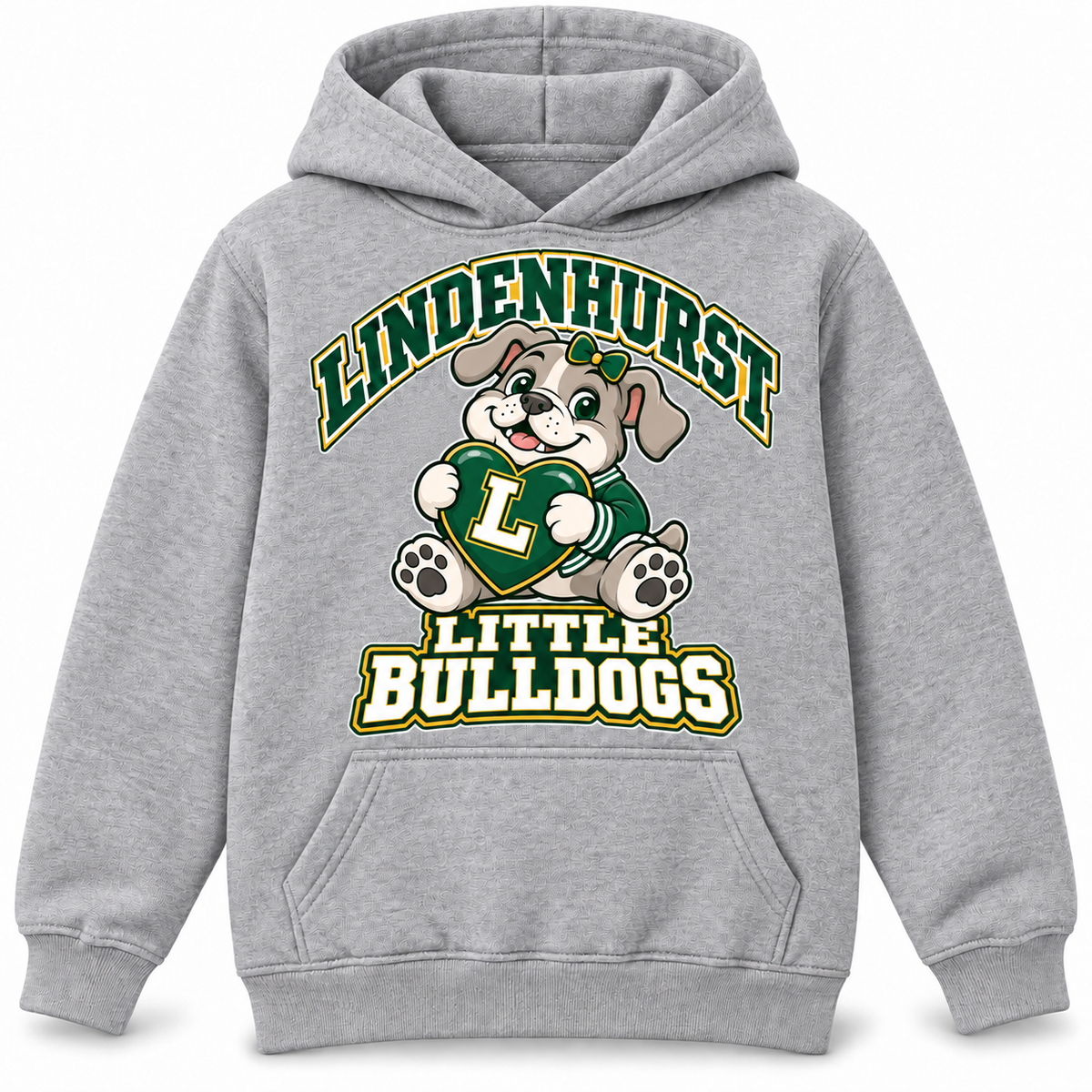 Lindenhurst Little Bulldogs Lindy Love youth Pullover Hoodie in Heather Gray, front view