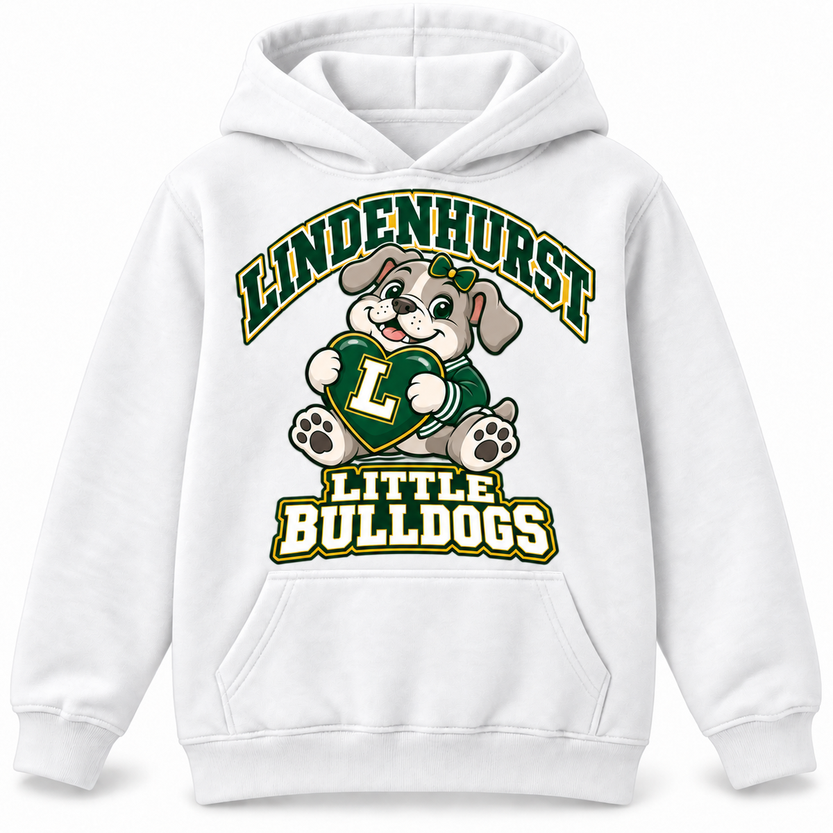 Lindenhurst Little Bulldogs Lindy Love youth Pullover Hoodie in White, front view
