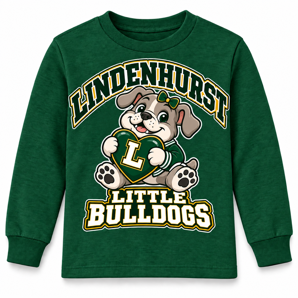 Lindenhurst Little Bulldogs Lindy Love youth Long Sleeve Tee in Forest Green, front view