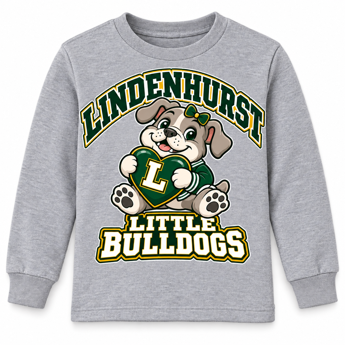 Lindenhurst Little Bulldogs Lindy Love youth Long Sleeve Tee in Heather Gray, front view
