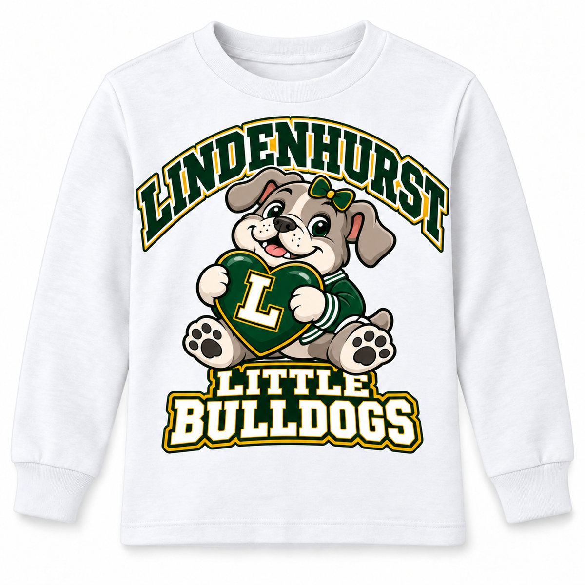 Lindenhurst Little Bulldogs Lindy Love youth Long Sleeve Tee in White, front view