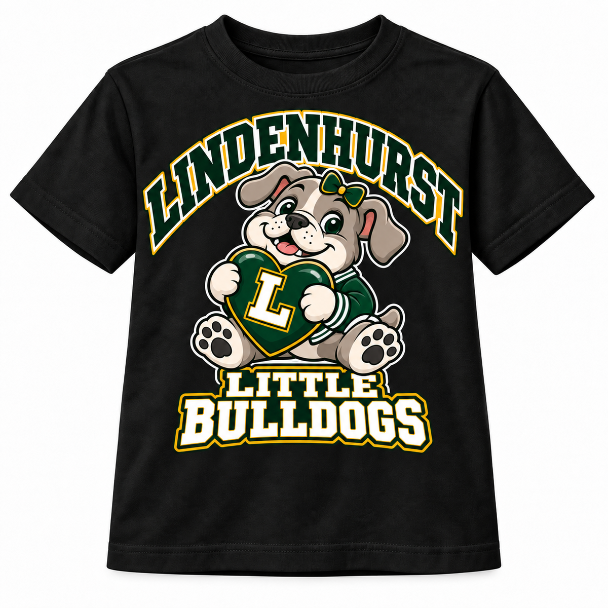 Lindenhurst Little Bulldogs Lindy Love youth T-Shirt in Black, front view