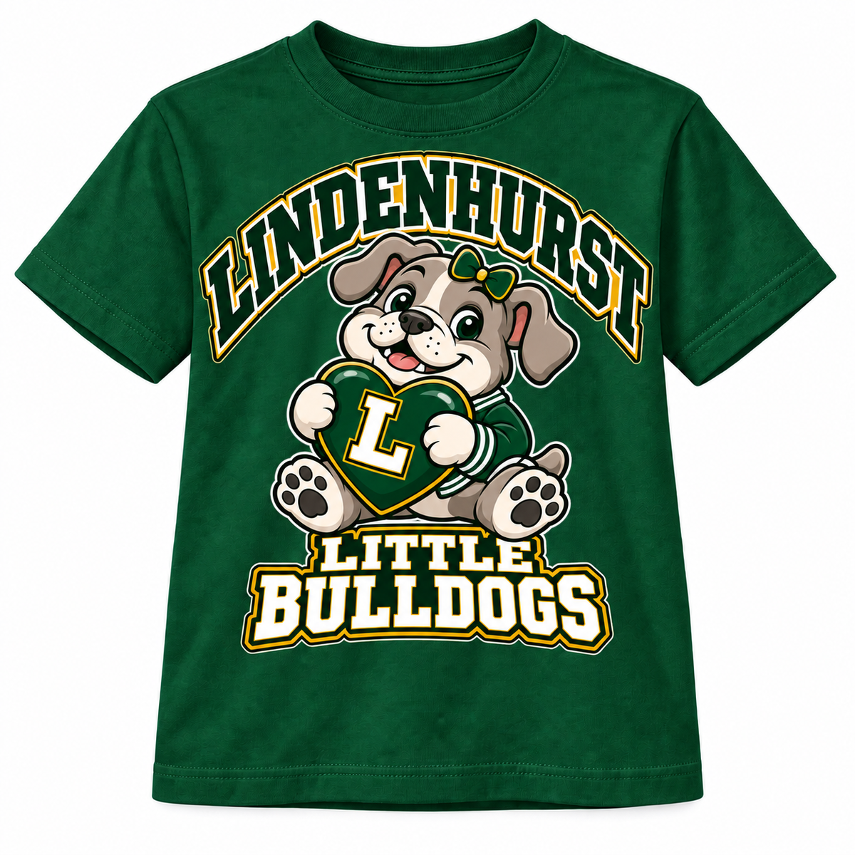 Lindenhurst Little Bulldogs Lindy Love youth T-Shirt in Forest Green, front view