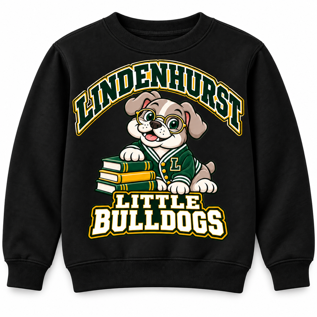 Lindenhurst Little Bulldogs Scholar Pup youth Crewneck Sweatshirt in Black, front view