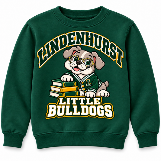 Lindenhurst Little Bulldogs Scholar Pup youth Crewneck Sweatshirt in Forest Green, front view