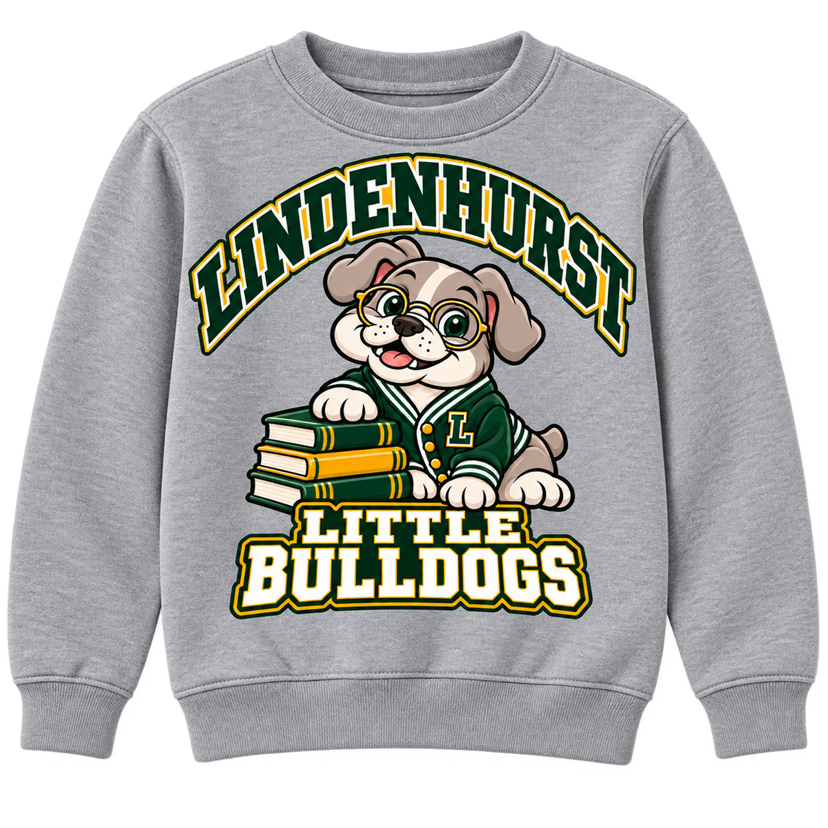 Lindenhurst Little Bulldogs Scholar Pup youth Crewneck Sweatshirt in Heather Gray, front view