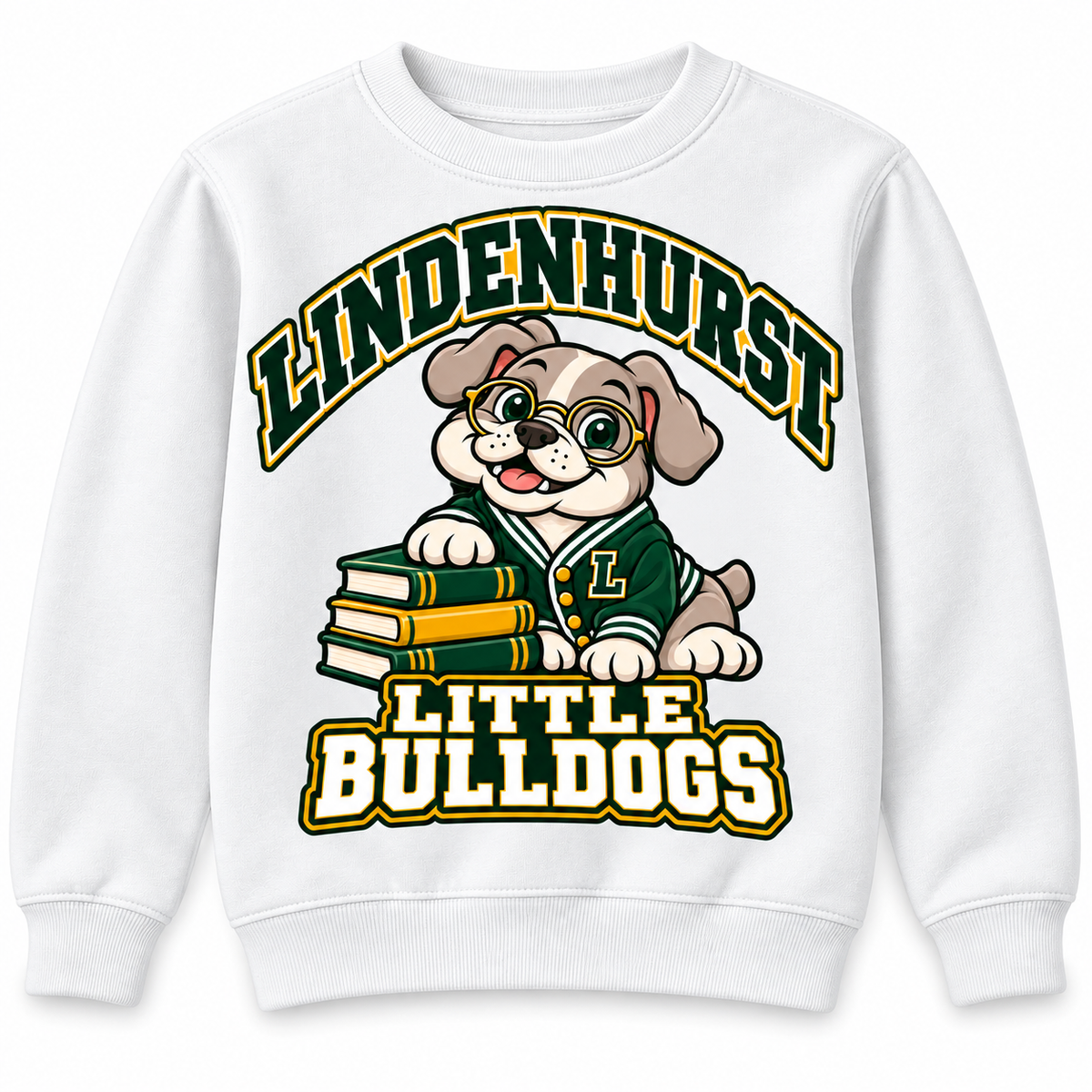Lindenhurst Little Bulldogs Scholar Pup youth Crewneck Sweatshirt in White, front view