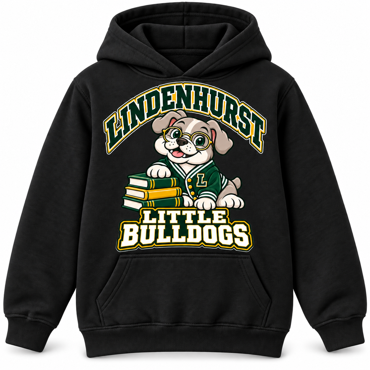 Lindenhurst Little Bulldogs Scholar Pup youth Pullover Hoodie in Black, front view