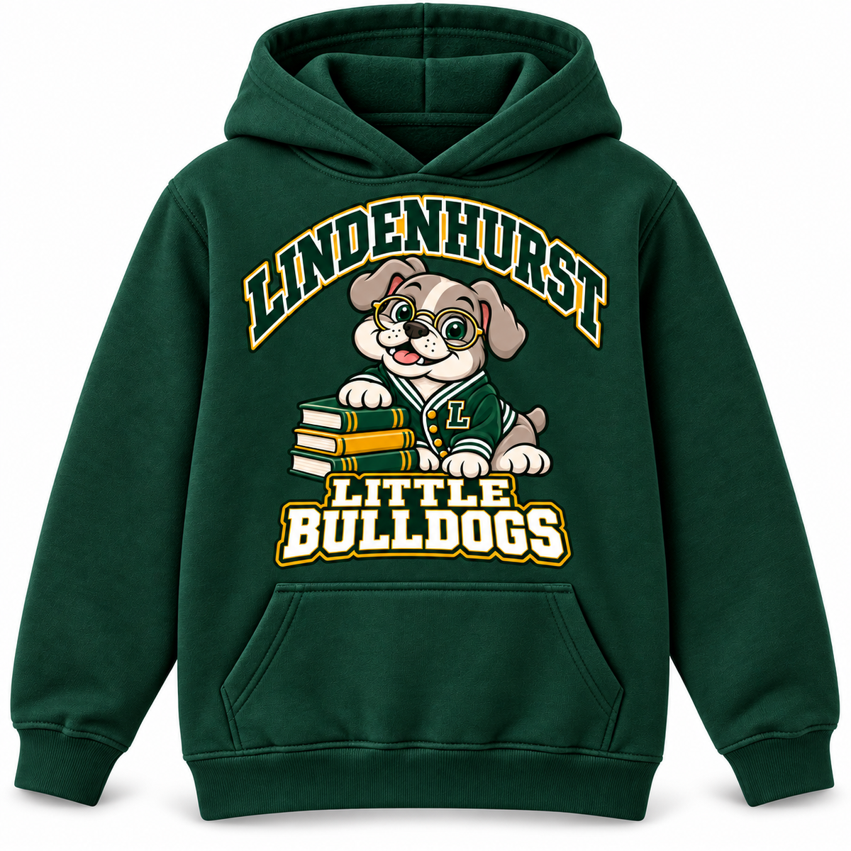 Lindenhurst Little Bulldogs Scholar Pup youth Pullover Hoodie in Forest Green, front view