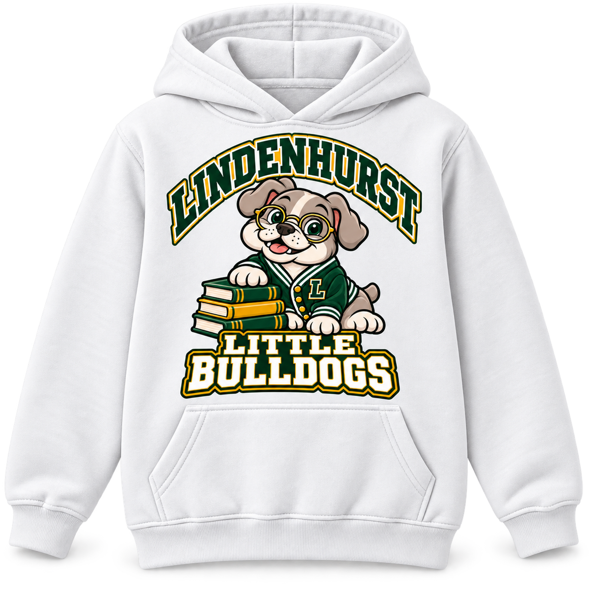 Lindenhurst Little Bulldogs Scholar Pup youth Pullover Hoodie in White, front view