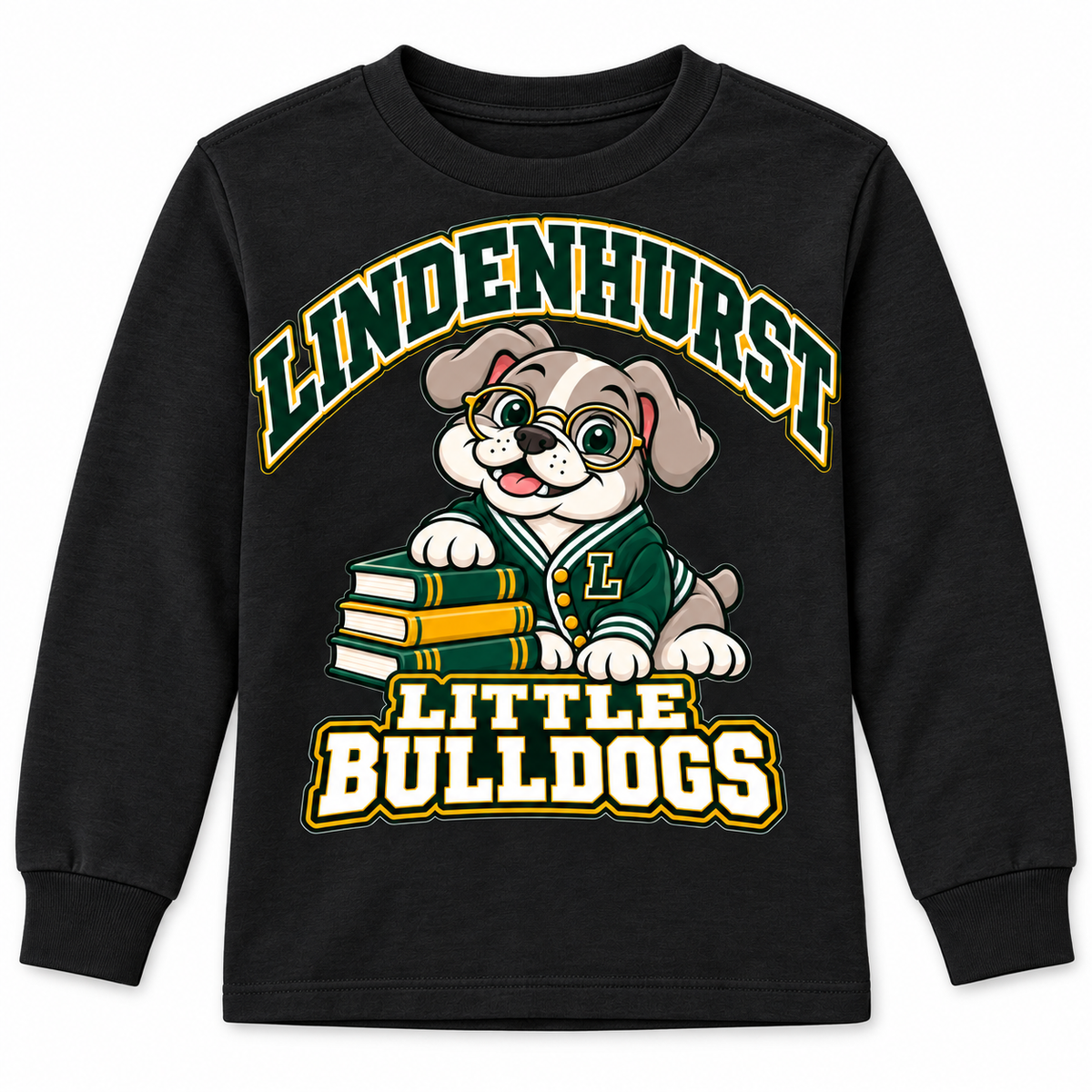 Lindenhurst Little Bulldogs Scholar Pup youth Long Sleeve Tee in Black, front view