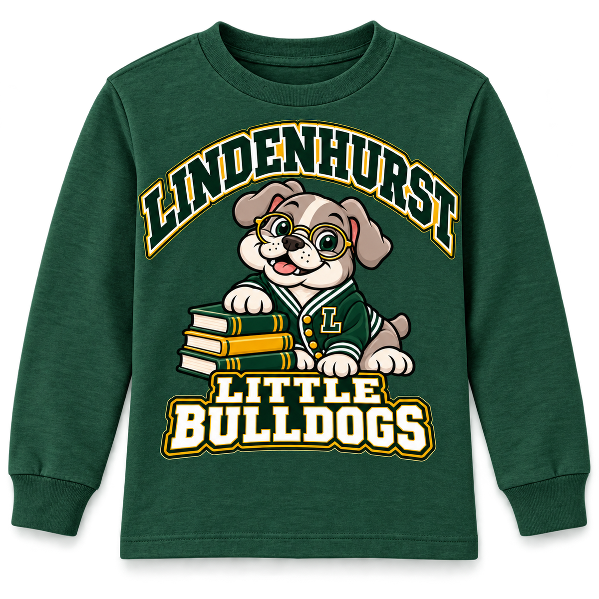 Lindenhurst Little Bulldogs Scholar Pup youth Long Sleeve Tee in Forest Green, front view