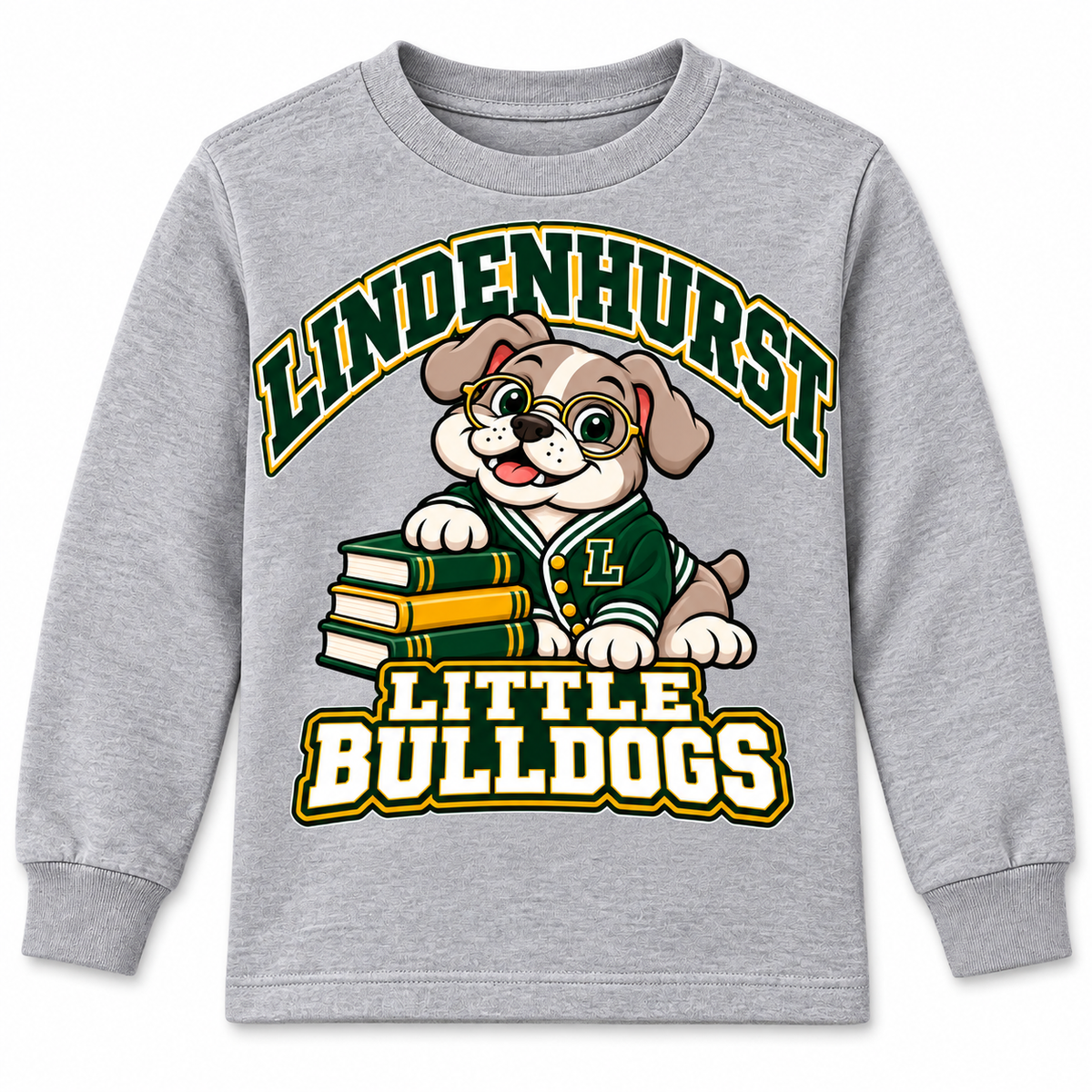 Lindenhurst Little Bulldogs Scholar Pup youth Long Sleeve Tee in Heather Gray, front view