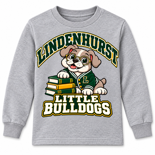 Lindenhurst Little Bulldogs Scholar Pup youth Long Sleeve Tee in Heather Gray, front view