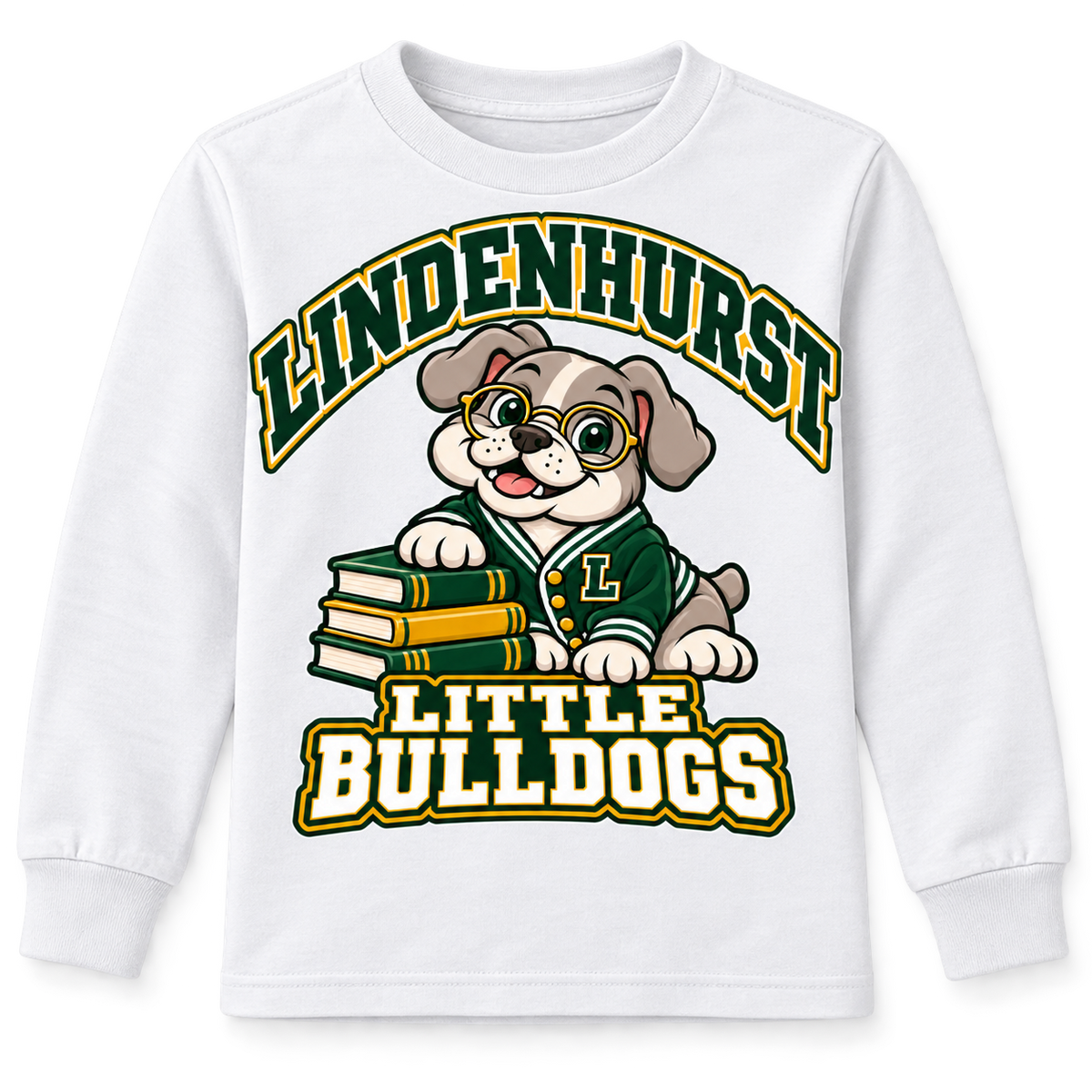 Lindenhurst Little Bulldogs Scholar Pup youth Long Sleeve Tee in White, front view