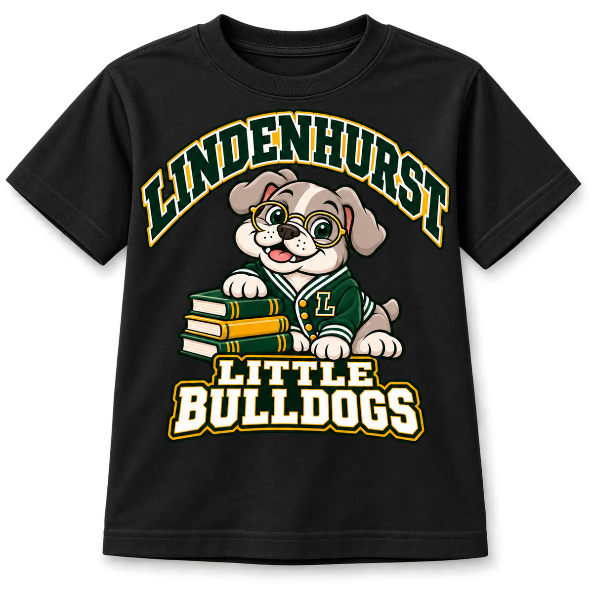 Lindenhurst Little Bulldogs Scholar Pup youth T-Shirt in Black, front view