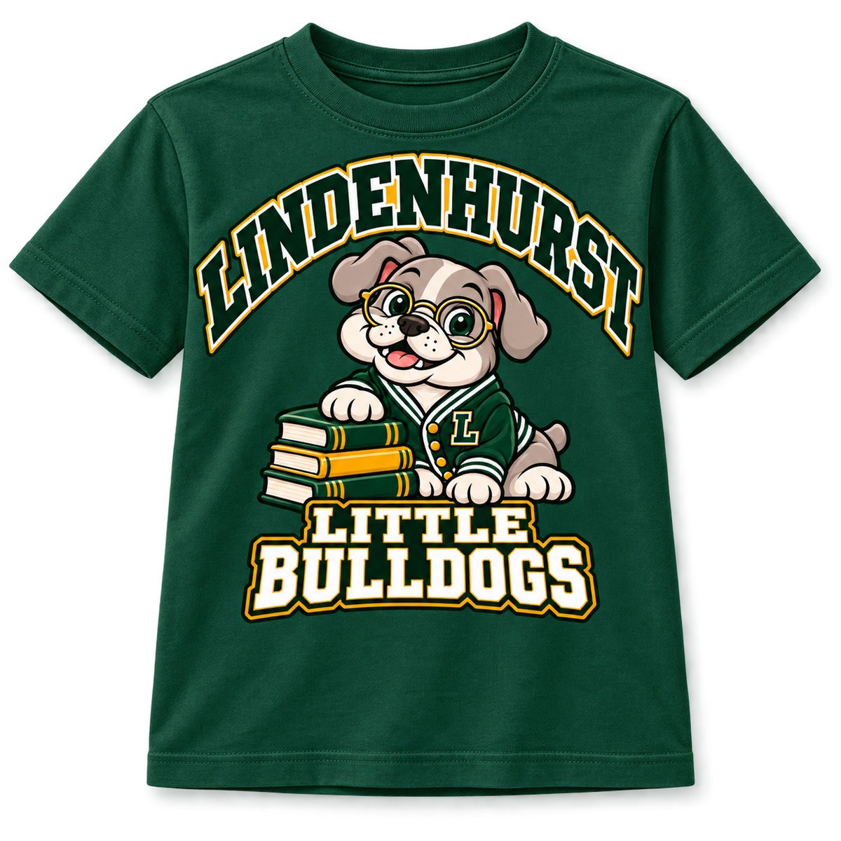 Lindenhurst Little Bulldogs Scholar Pup youth T-Shirt in Forest Green, front view