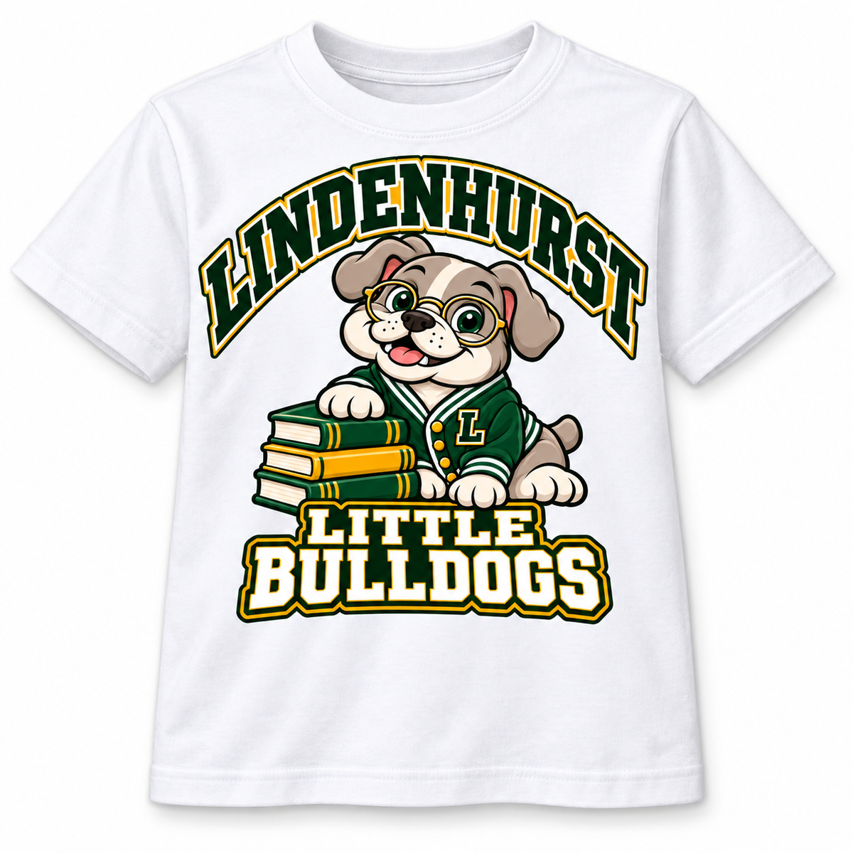 Lindenhurst Little Bulldogs Scholar Pup youth T-Shirt in White, front view