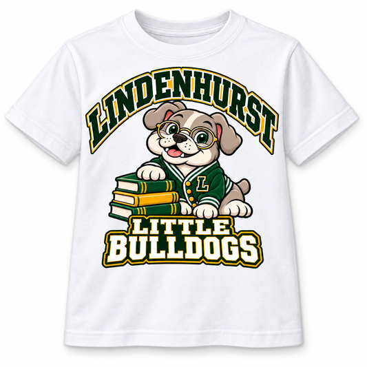Lindenhurst Little Bulldogs Scholar Pup youth T-Shirt in White, front view