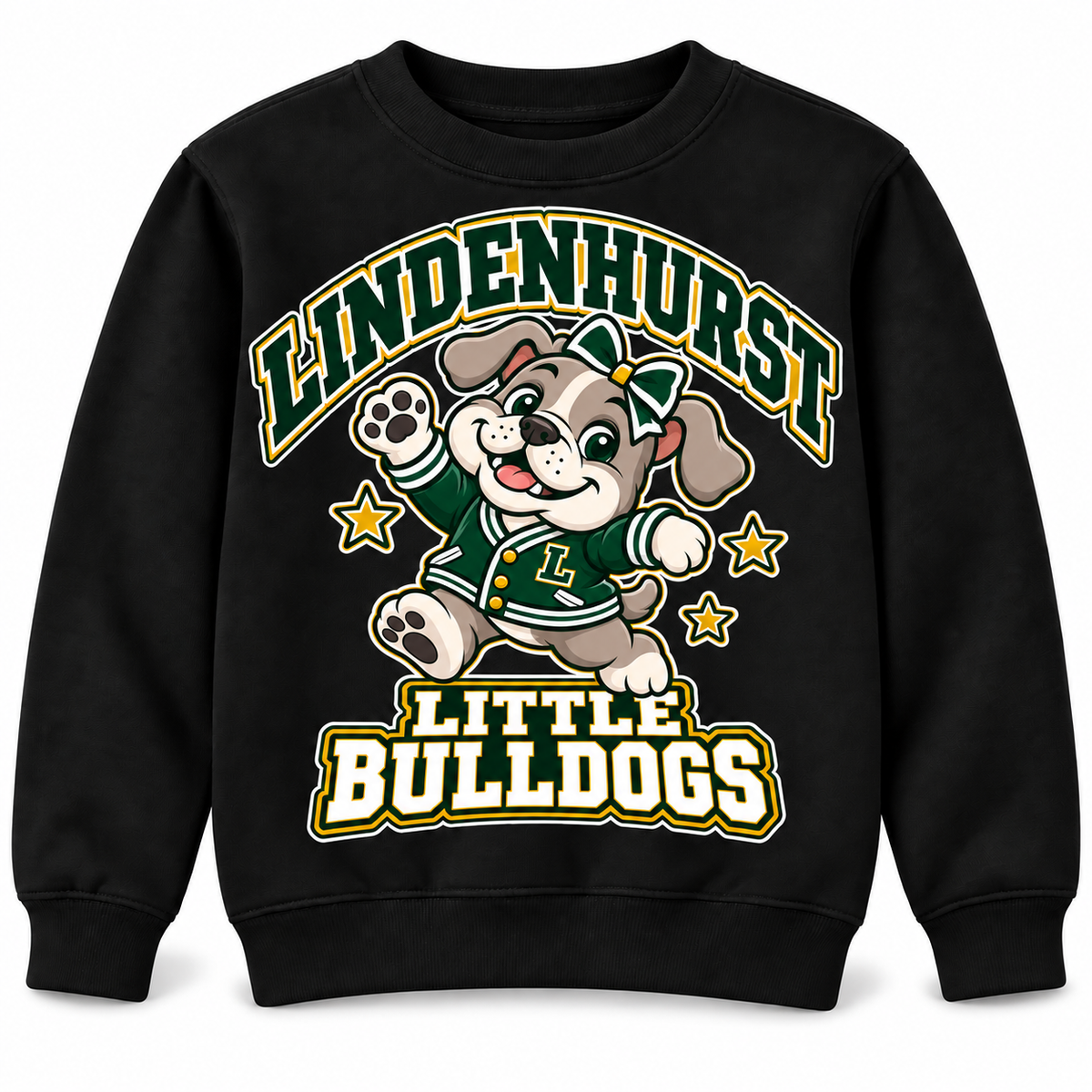 Lindenhurst Little Bulldogs Little All-Star youth Crewneck Sweatshirt in Black, front view