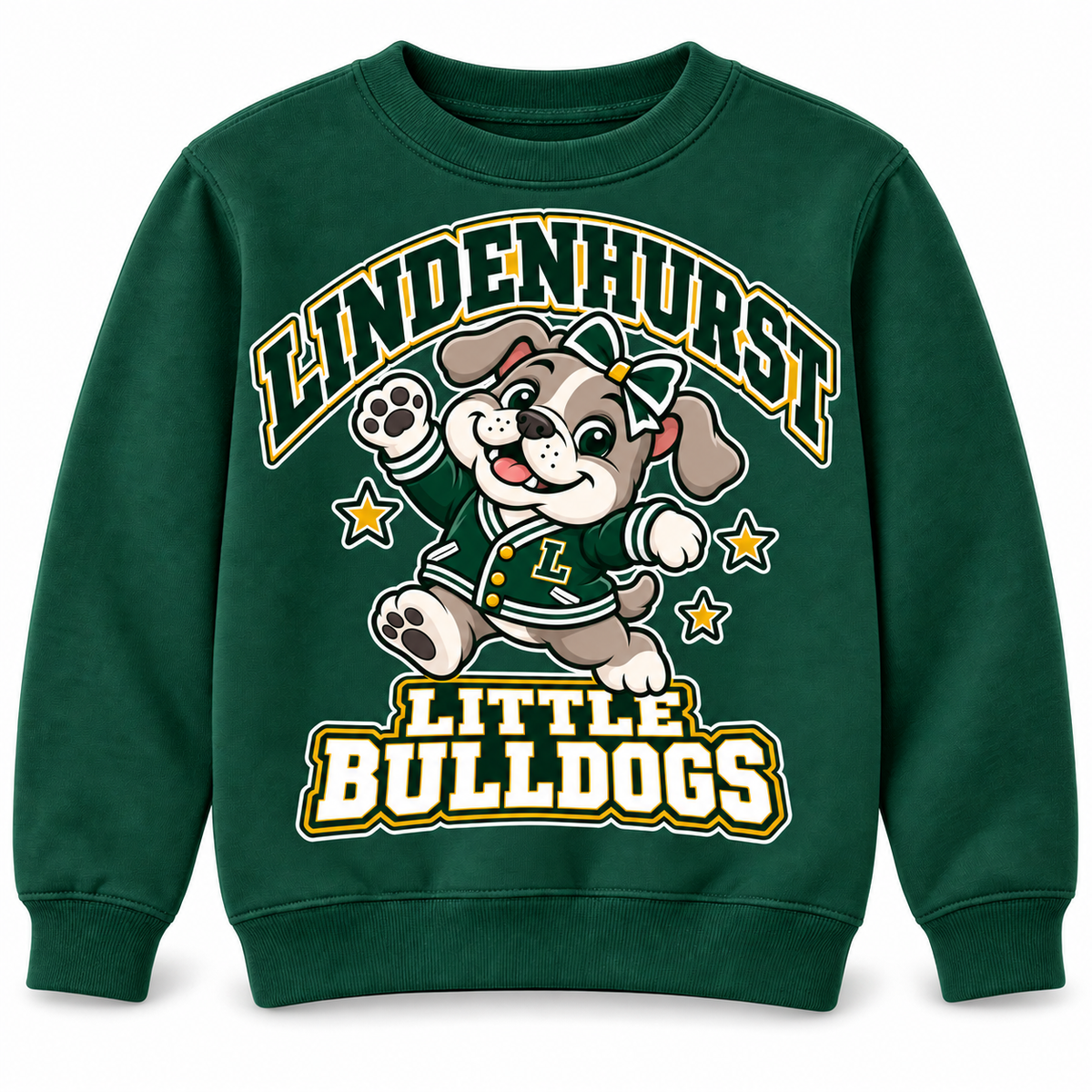 Lindenhurst Little Bulldogs Little All-Star youth Crewneck Sweatshirt in Forest Green, front view