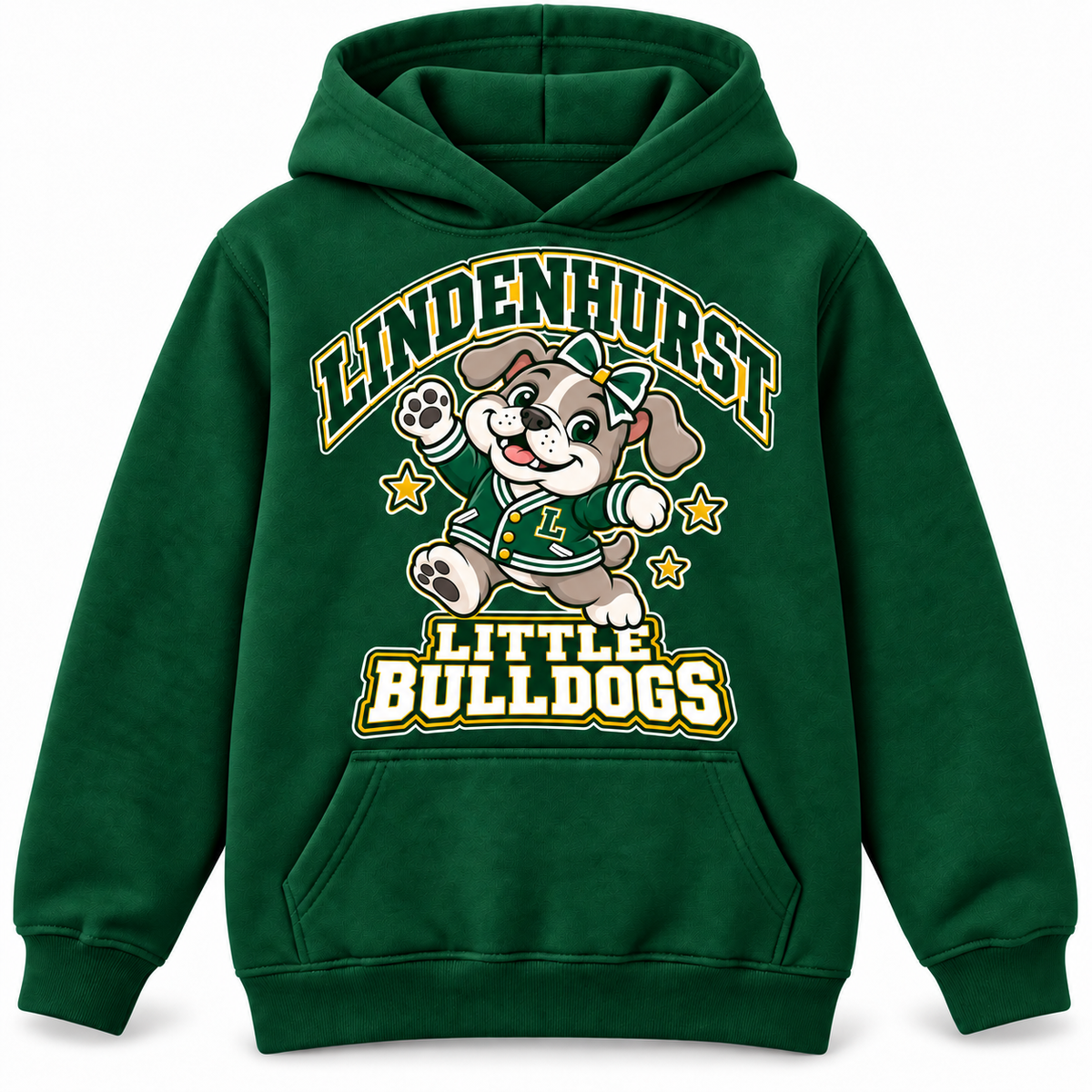 Lindenhurst Little Bulldogs Little All-Star youth Pullover Hoodie in Forest Green, front view