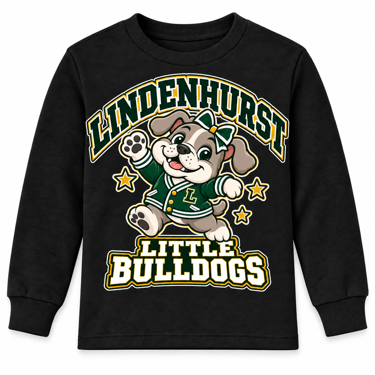 Lindenhurst Little Bulldogs Little All-Star youth Long Sleeve Tee in Black, front view