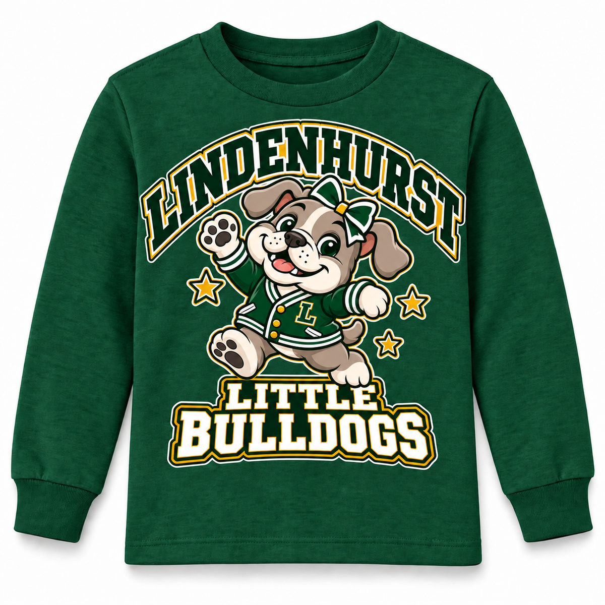 Lindenhurst Little Bulldogs Little All-Star youth Long Sleeve Tee in Forest Green, front view