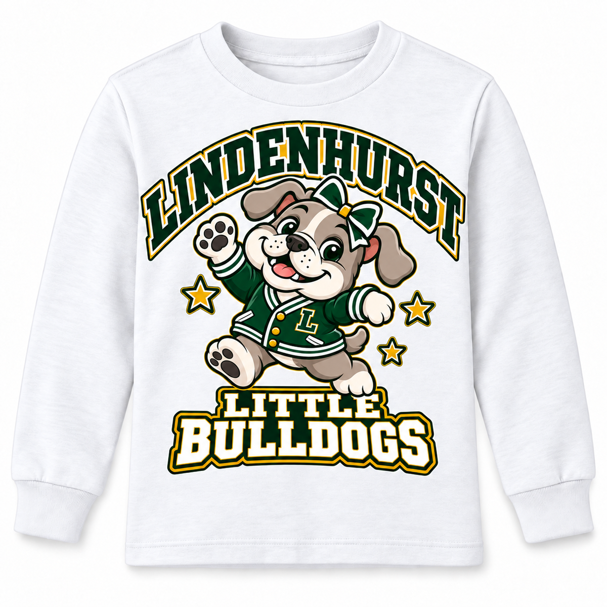 Lindenhurst Little Bulldogs Little All-Star youth Long Sleeve Tee in White, front view