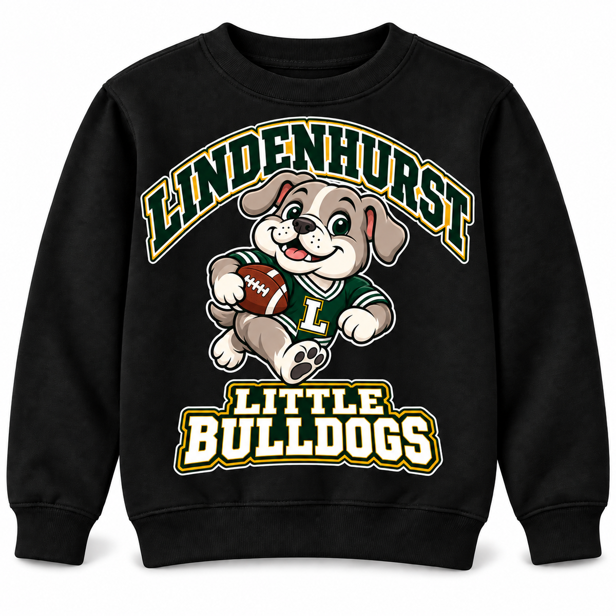 Lindenhurst Little Bulldogs Touchdown Pup youth Crewneck Sweatshirt in Black, front view