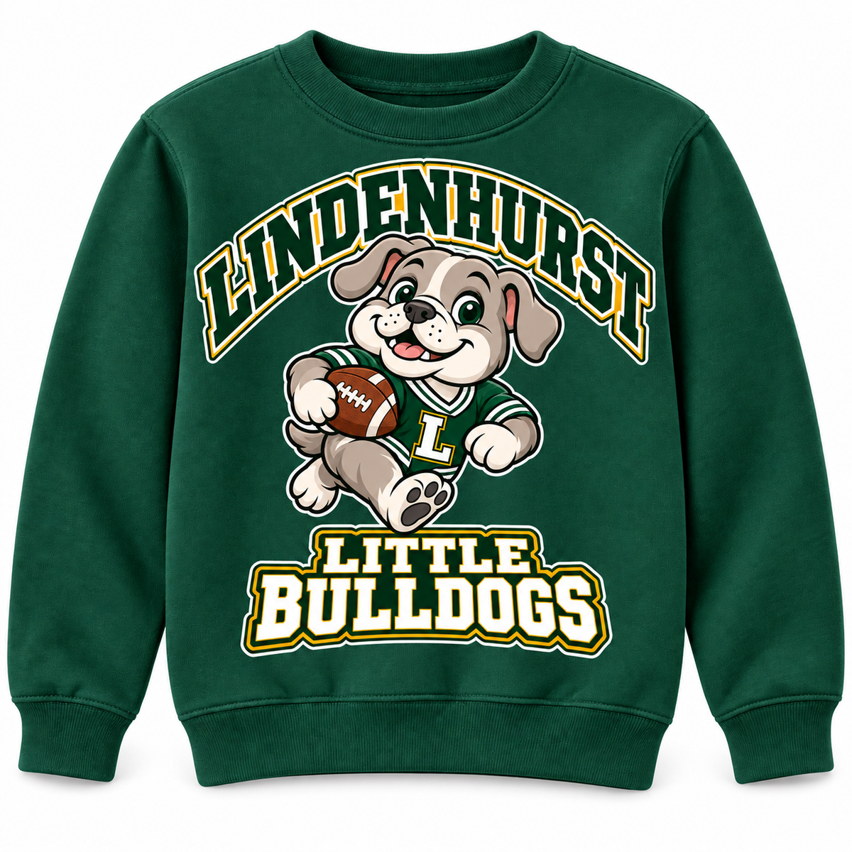 Lindenhurst Little Bulldogs Touchdown Pup youth Crewneck Sweatshirt in Forest Green, front view