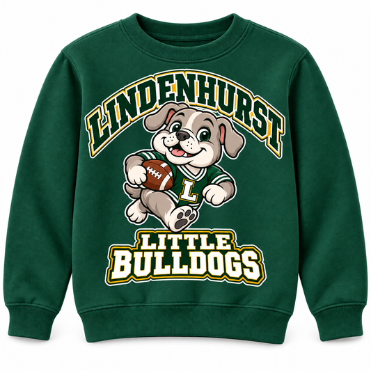 Lindenhurst Little Bulldogs Touchdown Pup youth Crewneck Sweatshirt in Forest Green, front view