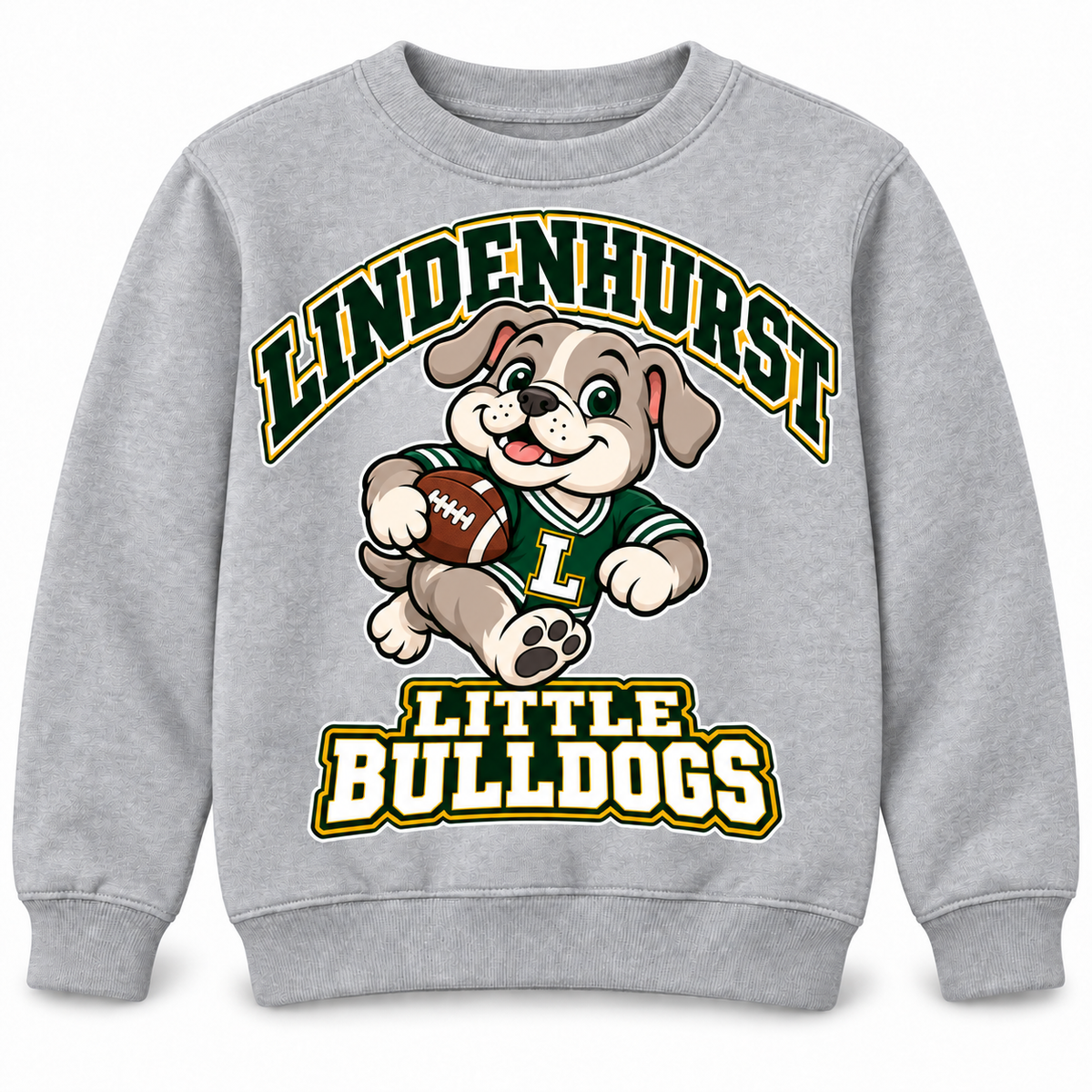 Lindenhurst Little Bulldogs Touchdown Pup youth Crewneck Sweatshirt in Heather Gray, front view
