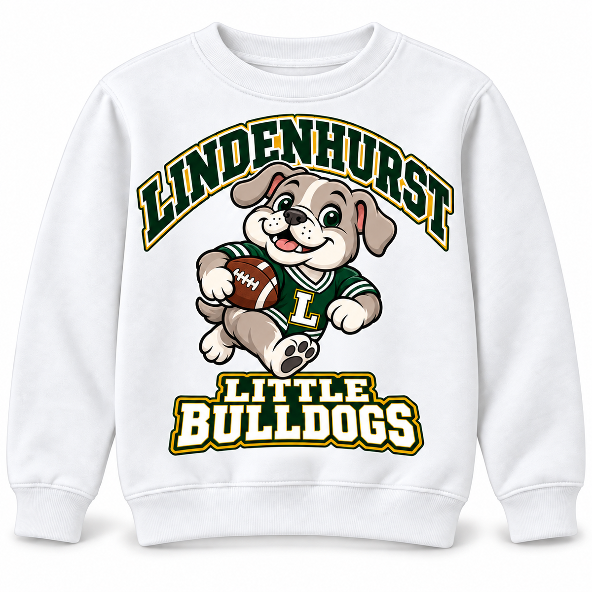 Lindenhurst Little Bulldogs Touchdown Pup youth Crewneck Sweatshirt in White, front view
