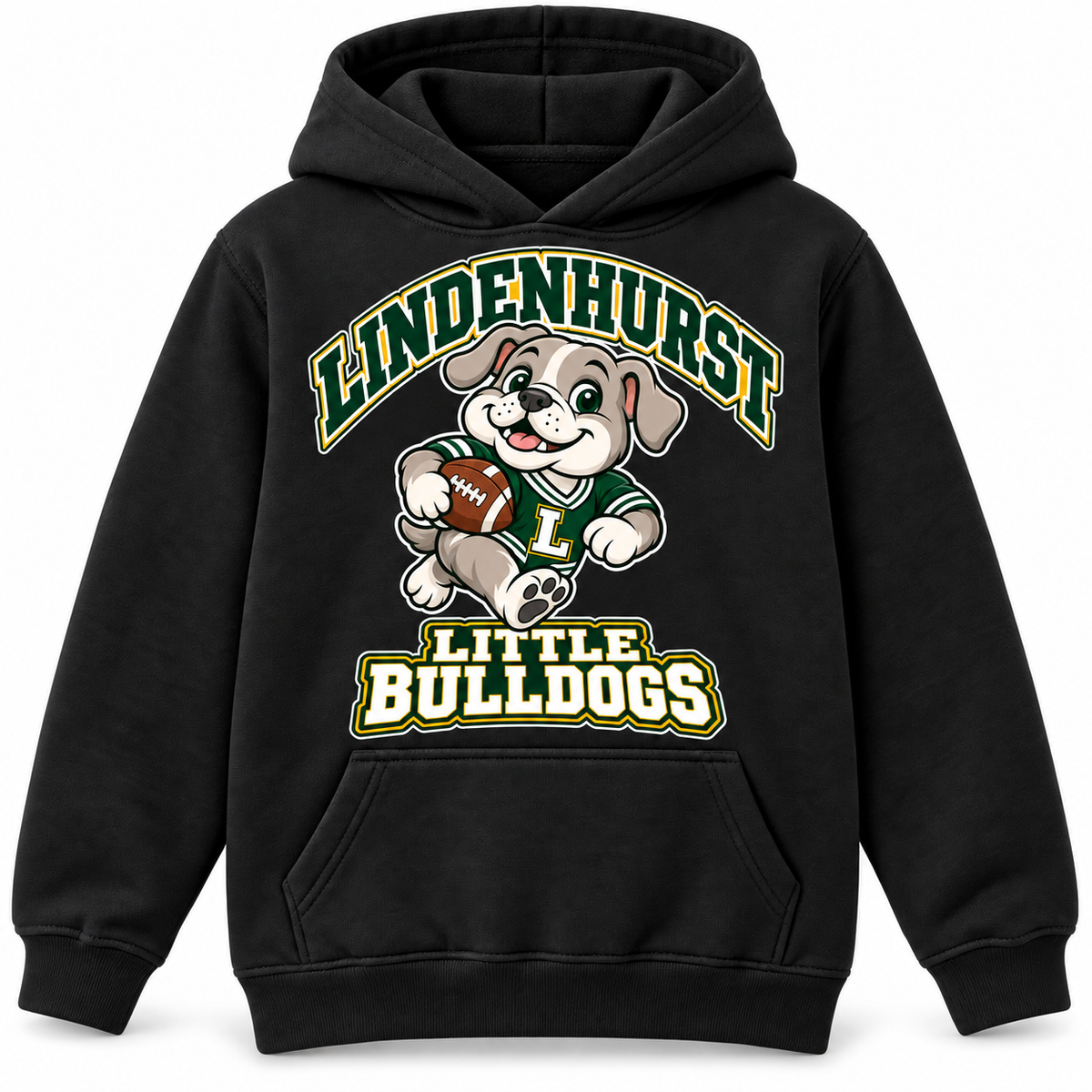 Lindenhurst Little Bulldogs Touchdown Pup youth Pullover Hoodie in Black, front view