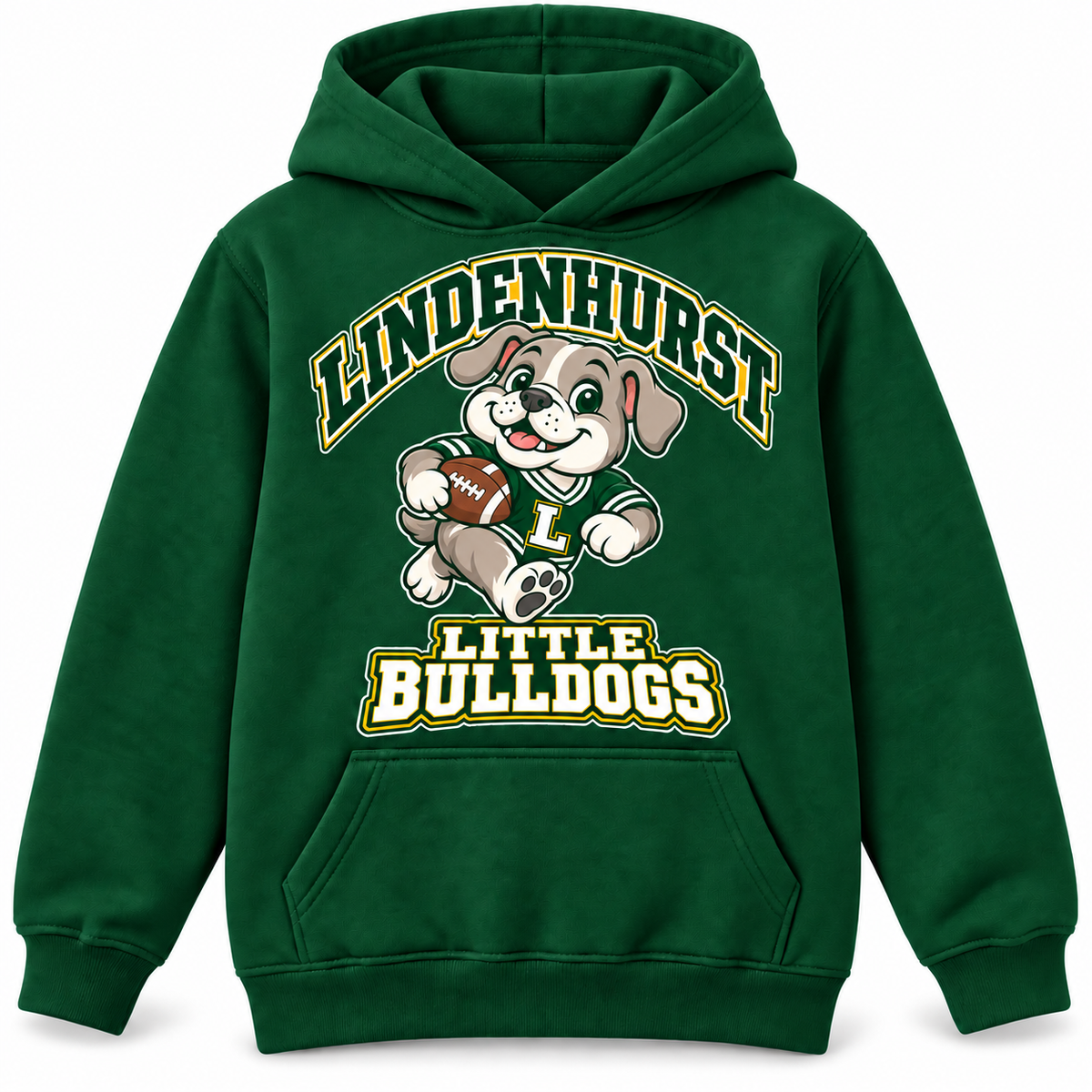 Lindenhurst Little Bulldogs Touchdown Pup youth Pullover Hoodie in Forest Green, front view
