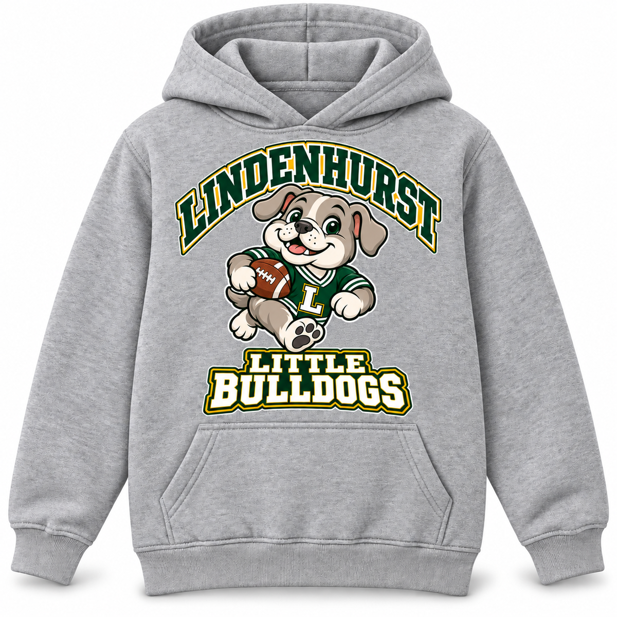 Lindenhurst Little Bulldogs Touchdown Pup youth Pullover Hoodie in Heather Gray, front view