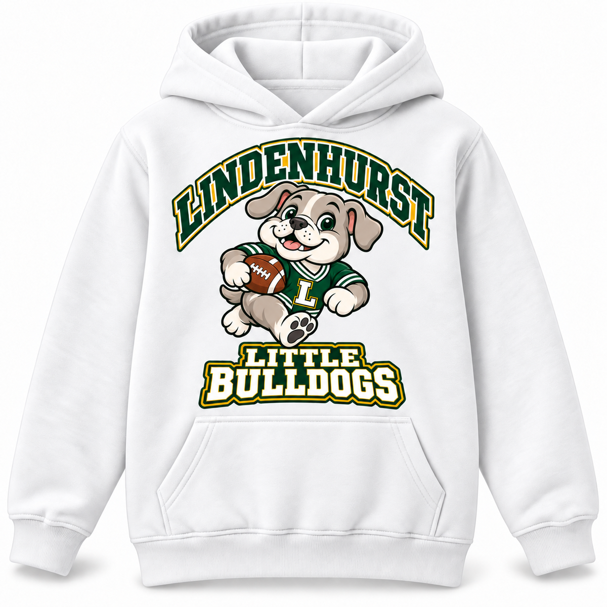 Lindenhurst Little Bulldogs Touchdown Pup youth Pullover Hoodie in White, front view